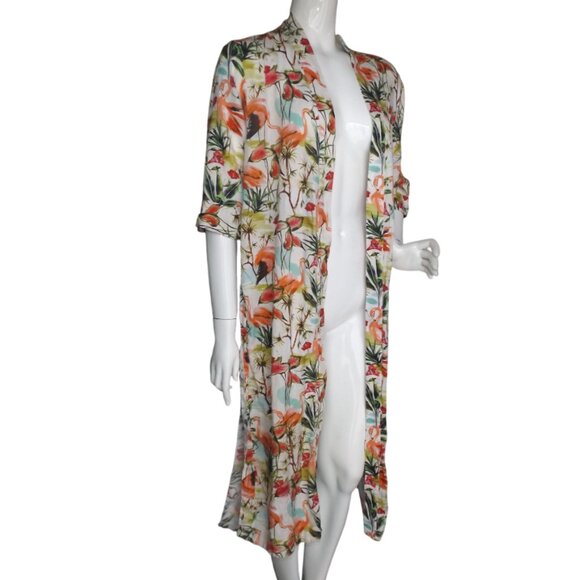 LAZY POET Linen Kimono/Swim Cover up, LONG slit, Flamingo/Multicolor Print - Picture 2 of 13